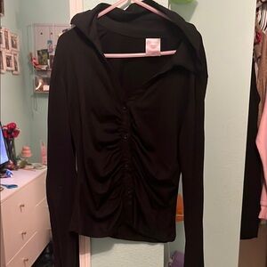 Black Ruched Button-Up Top